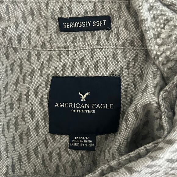 American Eagle Men's Gray Shark Long Sleeve Button Down Cotton Shirt M Medium - Picture 8 of 9